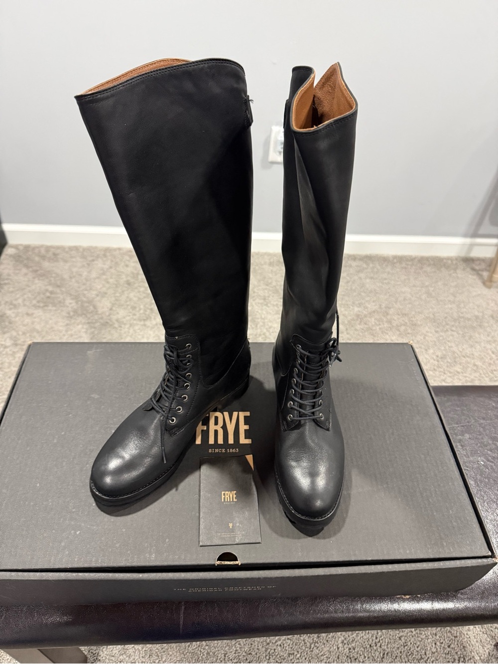 Frye Black Leather Tall Lace-Up back zip Riding Boots